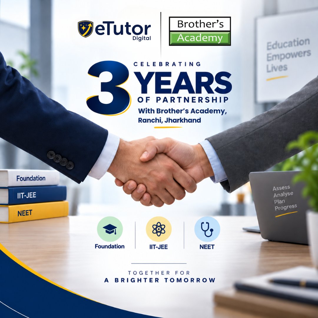 eTutorco's tweet photo. Celebrating 3 years with Brothers Academy, Ranchi!
Thank you for trusting eTutor Digital to support Foundation, IIT-JEE & NEET programs with technology-enabled assessments.
Here’s to many more milestones together!
#eTutor #BrothersAcademy #3YearsTogether #IITJEE #NEET https://t.co/2JIHmvnmxn