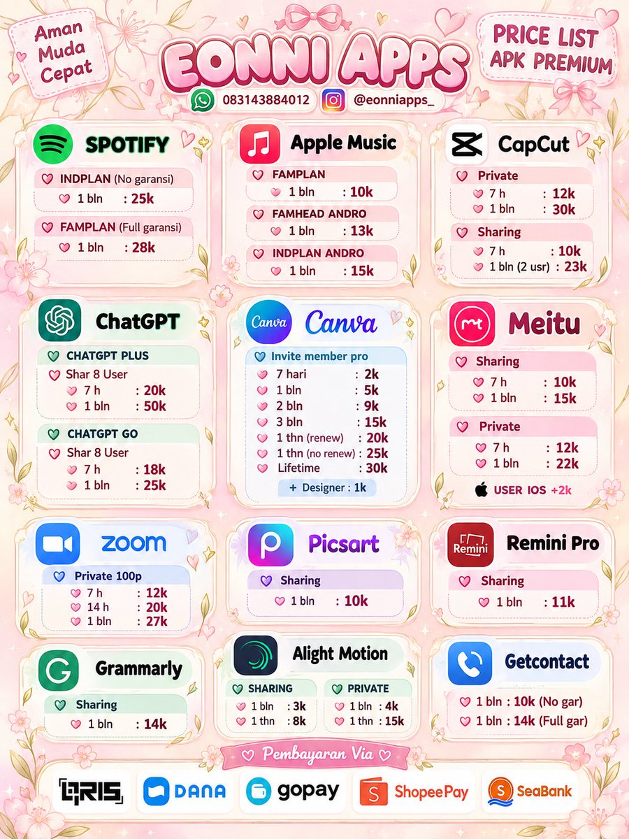 eonniapps's tweet photo. 📱order by wa ya fastrespp 🫰🏻

🫧 wts wtb appkpremm trusted & bergaransi🌷

netflix vidio youtube disney+hotstar loklok iqiyi primevideo amazon bstation youku vision+ wetv dramabox drakorid viy hbomax spotify applemusic capcut chatgpt canva zoom picsart remini alightmotion dll.

#zonauang