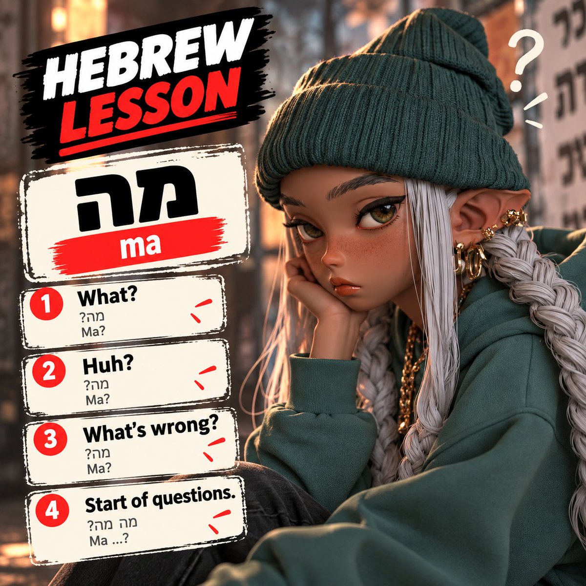 DEREKHOR613's tweet photo. One tiny word. A lot of mileage.

Ma — what? Huh? What’s wrong? 

And the beginning of countless everyday questions.
#LearnHebrew #Hebrew #HebrewLessons #Israel #SpeakHebrew https://t.co/szed7XtEVL