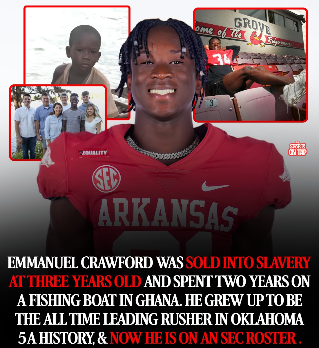thesportsontap's tweet photo. Emmanuel Crawford was three years old when his parents sold him.

They lived in Ghana and they were poor enough that they could not feed him. So he was sold into the fishing trade on Lake Volta, which is where a lot of Ghana's trafficked children end up.

Here is what a three year old does out there.

He sits in a leaky wooden canoe and bails water out of it by hand, all day, so the boat does not sink.

And when the nets get caught, he goes in after them.

Lake Volta is man made. They dammed a river and flooded a forest to build it, and the trees are still down there, standing dead under the water. The nets snag on the branches, and somebody small has to dive down into water you cannot see through and pull them loose.

Children drown doing that. Regularly.

Crawford did it for two years.

He was five when a man working with a rescue organization came across his canoe out on the lake.

Crawford has described it simply.

"He felt a tug on his heart from the Lord, that this kid doesn't need to be here."

He was taken to a home in Tema, Ghana, run by a nonprofit called Touch A Life that gets children out of the trade.

And that is where a couple from Grove, Oklahoma found him. Audrey and Stan Crawford.

"When I first met my mom, I jumped onto her, I just climbed her, and we were best friends from the very beginning."

The adoption took months. Then Audrey got on a plane and brought a six year old home to a town of about 6,000 people in northeast Oklahoma, where he became the youngest of six kids.

He remembers the first day.

"I had my first hamburger that day and fries. It was heaven on Earth."

Then he grew up and started playing football.

As a senior at Grove High School he carried the ball 230 times for 2,304 yards. That is 10 yards every single time he touched it. He scored 36 rushing touchdowns, caught 19 passes for 546 more yards and seven more scores, and Grove went 13-1.

He finished his career with 6,777 rushing yards.

That is the most anyone has ever run for in Oklahoma Class 5A history. Plus 93 rushing touchdowns.

They named him the 2022-23 Gatorade Oklahoma Football Player of the Year.

And then he went to Arkansas as a preferred walk-on.

No scholarship. The best football player in the state, walking on.

He got there partly because Sam Pittman, who was the Arkansas head coach at the time, went to Grove High School himself. Crawford's high school coach texted him about the kid.

"The only campus that I felt a real connection was Arkansas. On the car ride home, I was like, 'I know where I want to be.'"

He redshirted in 2023 and has been stuck behind a crowded backfield ever since. Pittman got fired after last season.

Crawford is still on the roster in Fayetteville. Number 21.

Still waiting on his carries.

He has waited for worse.
