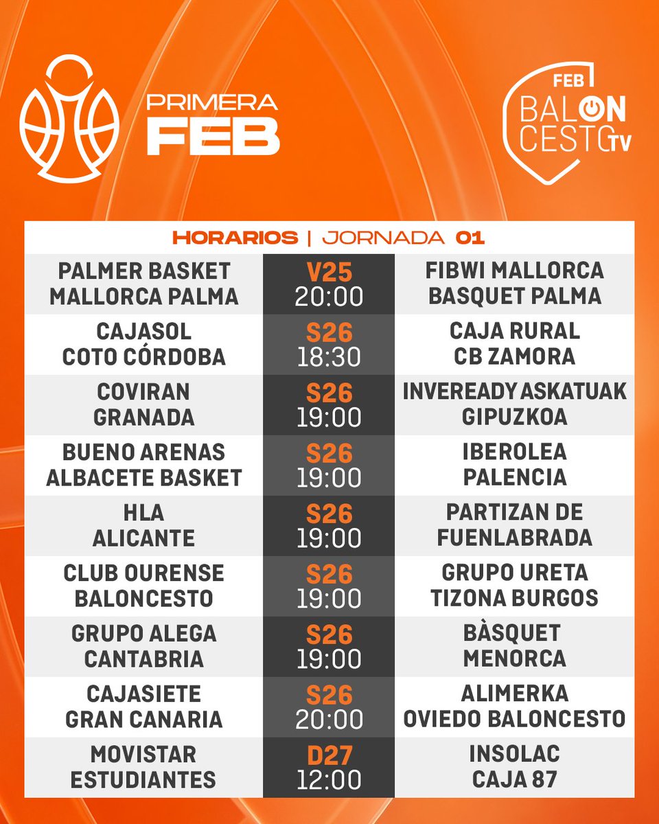 BaloncestoESP's tweet photo. ⛹️‍♂️ #PrimeraFEB | Llegó el 𝗗𝗜́𝗔 ⏰

Comienza la temporada 26/27 con muchas 𝗡𝗢𝗩𝗘𝗗𝗔𝗗𝗘𝗦 y un gran derbi balear 🔥

📺 𝗕𝗮𝗹𝗢𝗡𝗰𝗲𝘀𝘁𝗼 𝗧𝗩  ⬇️ https://t.co/UQS4JcdPkP https://t.co/tyvC9TsQ49