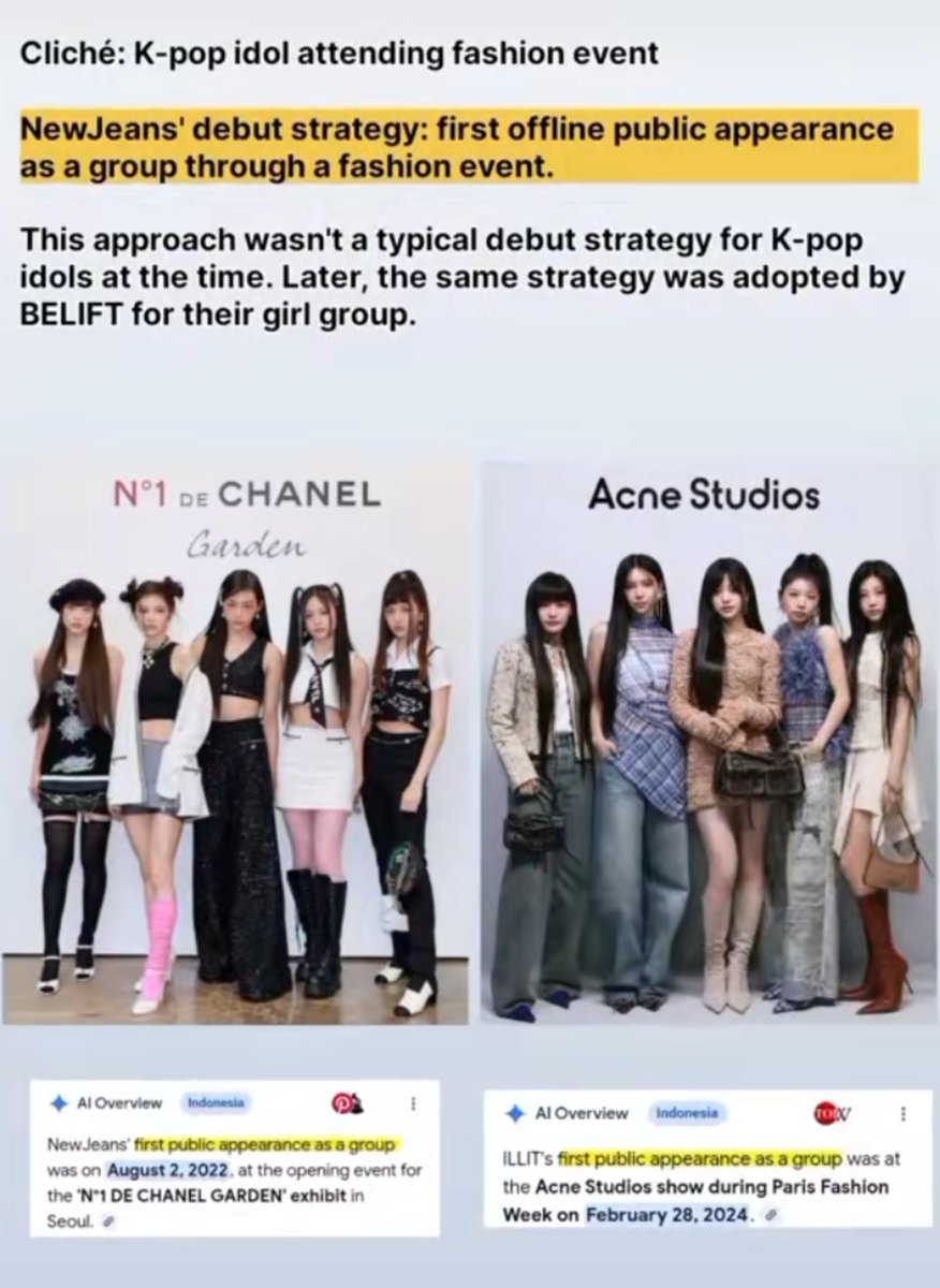 xqdU_Ubpx's tweet photo. 4. Cara kemunculan pertama di acara publik

Baik Nwjns maupun Illit sama2 muncul prtma kali sbg grup resmi di acara publik melalui "acara fashion"

"Sblm NJ jga udh bnyk idol yg dtg ke acara fashion, blablabla"

Kata kunci "kemunculan pertama kali sbg grup resmi di acara publik" https://t.co/V8ot60iJuj