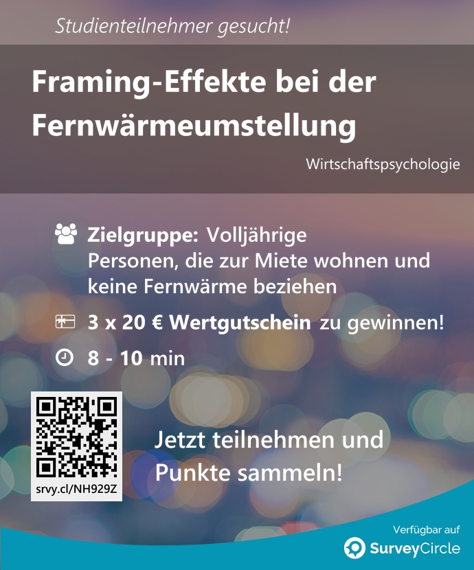 SurveyCircle's tweet photo. Teilnehmer gesucht für top-platzierte Online-Studie:

"Framing-Effekte bei der Fernwärmeumstellung" via @SurveyCircle #fomhochschule

#framing #entscheidung #vignetten #wärmewende #fernwärme #reaktanz https://t.co/heTp0CCA61