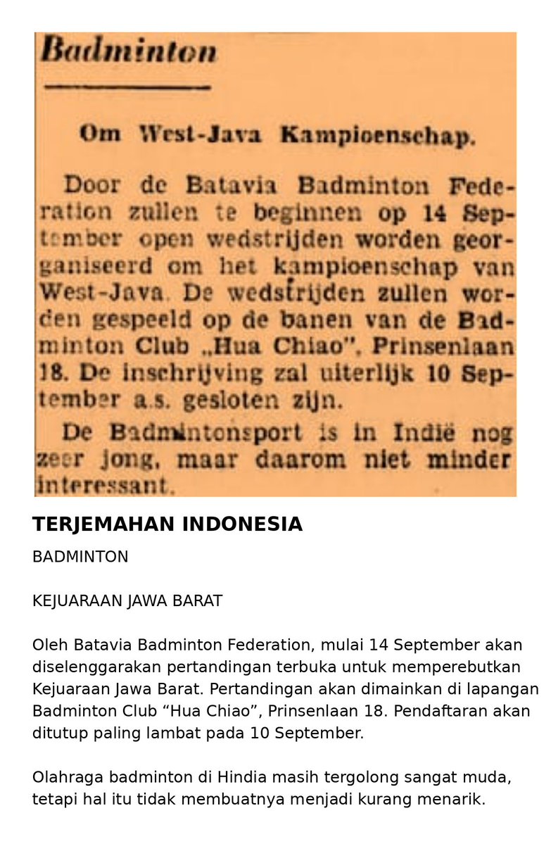 BazarinaS75320's tweet photo. Bulutangkis sudah banyak memberikan prestasi bagi Indonesia.

Bulu tangkis di Indonesia diperkenalkan bukan orang-orang Inggris dan Belanda tetapi justru orang-orang Amerika.
Tahun 1908 orang-orang Amerika meresmikan hotel baru mereka dengan nama American Hotel di Batavia dengan fasilitas olahraga bulutangkis di hotelnya.

Maret 1932 di Medan diselenggarakan Badminton Kampioenschappen 1932. Sumber tersebut merujuk antara lain pada De Sumatra Post dan menyebutnya sebagai salah satu turnamen badminton paling awal yang terdokumentasi di Hindia Belanda.

Pada September–Oktober 1934, diselenggarakan Badminton Om West-Java Kampioenschap di halaman Hua Chiao Institute, dengan juara tunggal putra Then Giok Soei dan pasangan Yap Eng Ho–Then Giok Soei sebagai juara ganda.