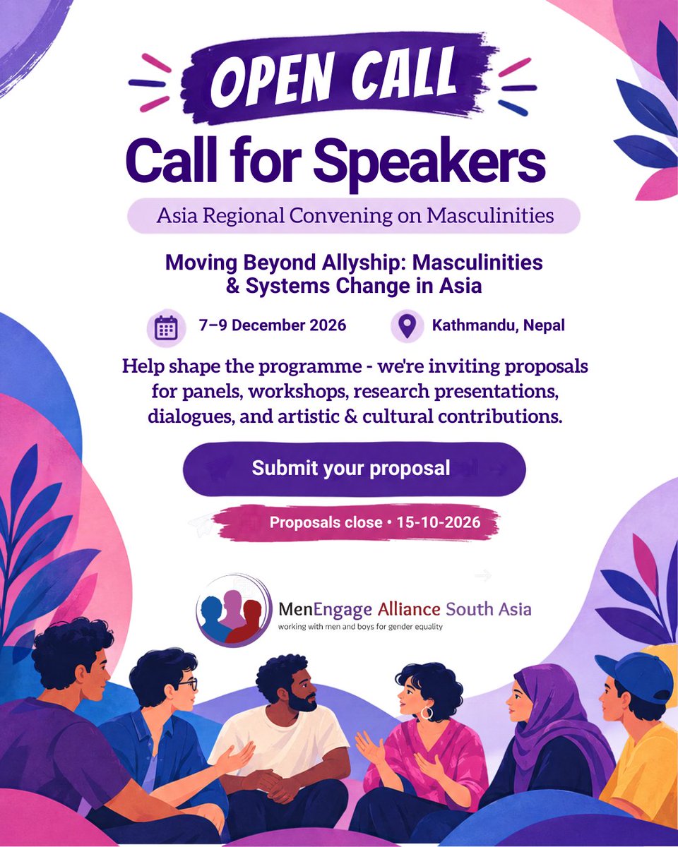 MenEngage_SA's tweet photo. Open Call for Speakers.
Help shape the Asia Regional Convening on Masculinities - Moving Beyond Allyship.
Propose a panel, workshop, talk or artistic session across our 5 tracks.
✍️ Submit by : 15-10-26
Link : https://t.co/uoBejsyA14 https://t.co/BBugd7YvPc