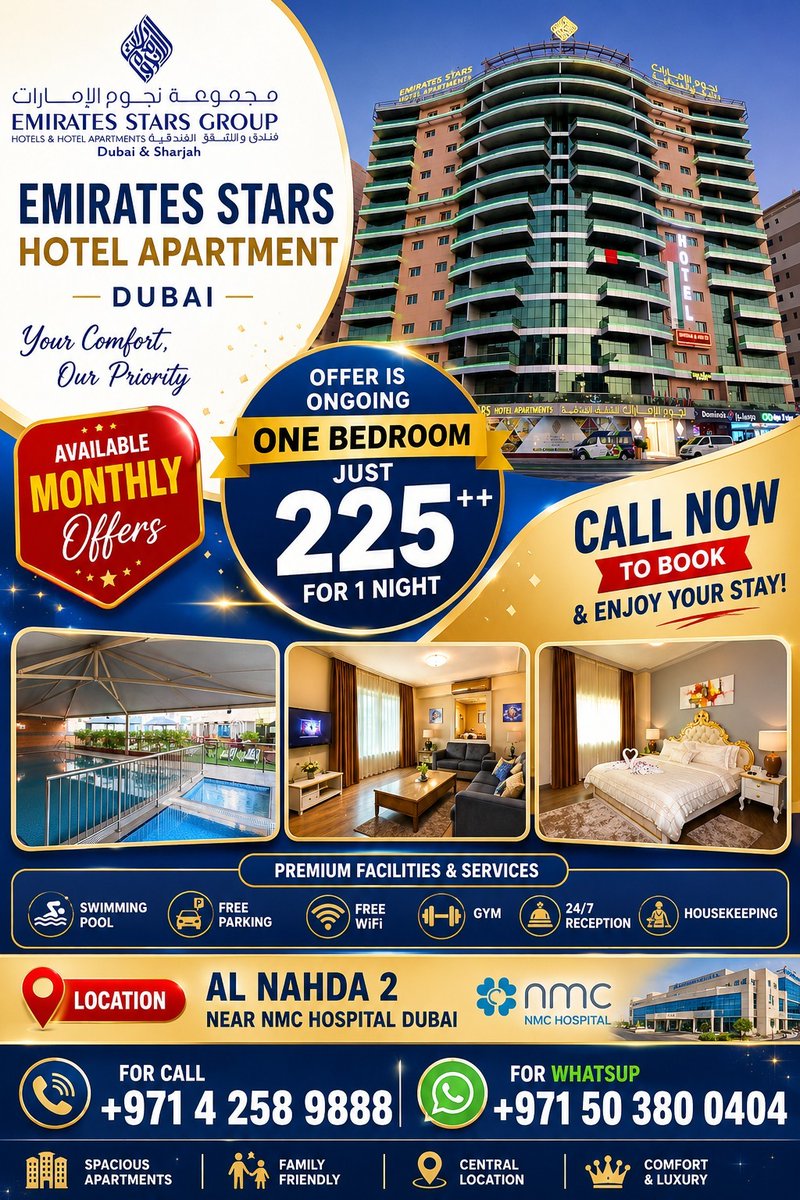 StarsEmirates's tweet photo. ๐ท LIVE SMART IN DUBAI โ ๐ท
Looking for a comfortable and affordable stay?
Emirates Stars Hotel Apartments โ Dubai brings you the perfect Promotional rates!
#EmiratesStars #DubaiOffer #MonthlyStay #DubaiApartments #AlNahda #DubaiDeals #FurnishedApartments #StayComfortably https://t.co/Fj5DJFBFIg