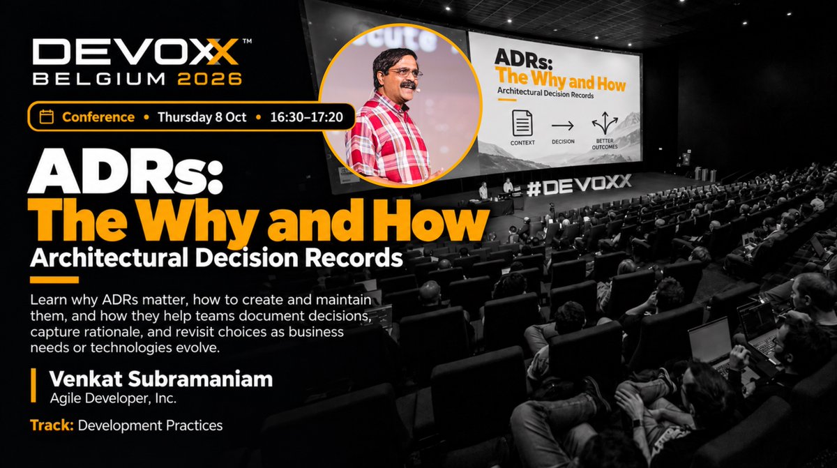 Devoxx's tweet photo. Expecting another full house for @venkat_s at Devoxx Belgium! 🔥
This time: “ADRs: The Why and How”. Practical insights into making architecture decisions explicit, documented, and easier to revisit.
https://t.co/YbN5a0Emtf https://t.co/ybVokrKygv