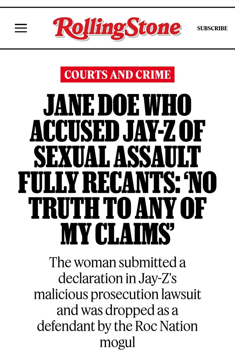 RedMedia_us's tweet photo. The woman who accused Jay-Z of rape in 2024 in a lawsuit by corrupt lawyer Tony Buzbee has fully recanted her claims blaming it on her mental illness. 

She clarified that she has never met Jay-Z and was not at any point sexually assaulted by him in a 12 page declaration filed in Manhattan federal court. (Via Rolling Stone)