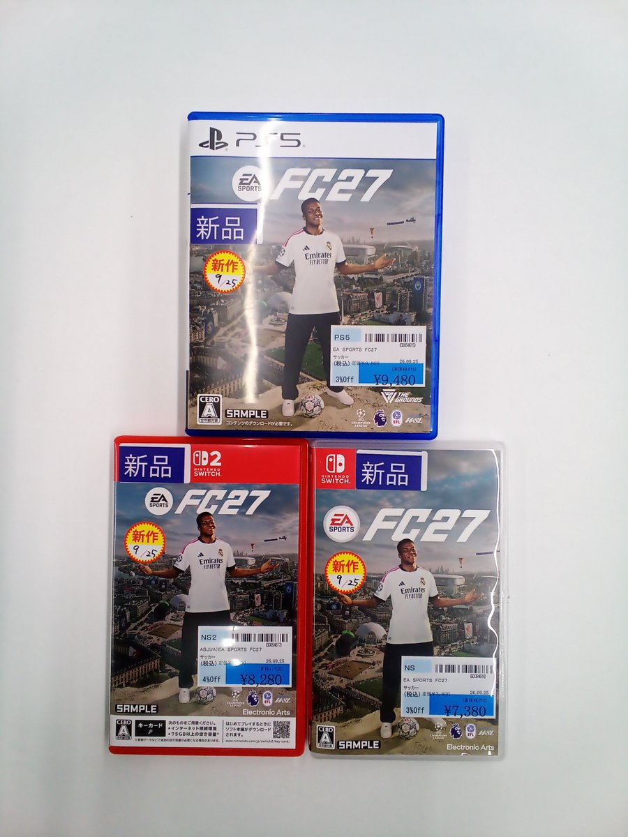 ANTOKUmizuma's tweet photo. 🎮本日発売ソフトのご案内🎮

EA SPORTS #FC27
#PS5 版 ￥9,480（税込）
#Switch2 版 ￥8,280(税込)
#Switch 版 ￥7,380(税込)

好評発売中です!!

#あんとく https://t.co/9434xgHxBp