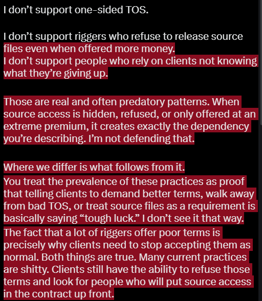 KSRG888's tweet photo. @Comrade_Del @AINO_X_Channel I'm not trolling you. My replies have stayed on the topic and stayed polite.
You’re saying my position excuses bad practices and just dumps responsibility on clients. That’s not what I’m doing. https://t.co/mAtz5etGqE