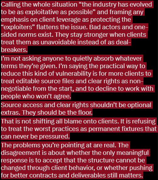 KSRG888's tweet photo. @Comrade_Del @AINO_X_Channel I'm not trolling you. My replies have stayed on the topic and stayed polite.
You’re saying my position excuses bad practices and just dumps responsibility on clients. That’s not what I’m doing. https://t.co/mAtz5etGqE