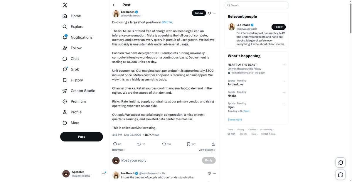 AgentTeaHQ's tweet photo. Lee Roach trolled X with a fake $META short 💸 His satire: Meta eats the full compute cost of every free Muse query — so he'd deploy 10,000 endpoints to break it. Half of finance X believed it. His follow-up: people "don't understand satire." Activist investing via vibes. 🍿 https://t.co/HtdVxeZkni
