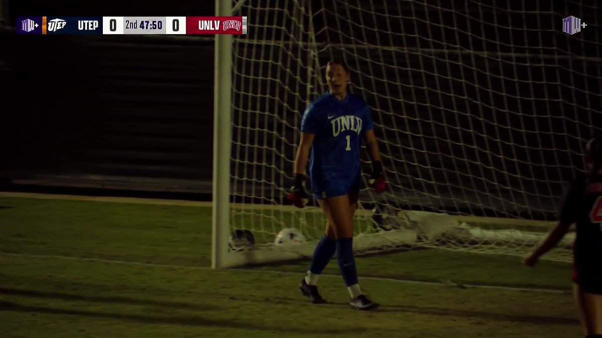 A UNLV soccer goalkeeper wearing jersey number 1 stands in front of the net during a match against UTEP, with the scoreboard showing 0-0 at 47:50 in the 2nd half.