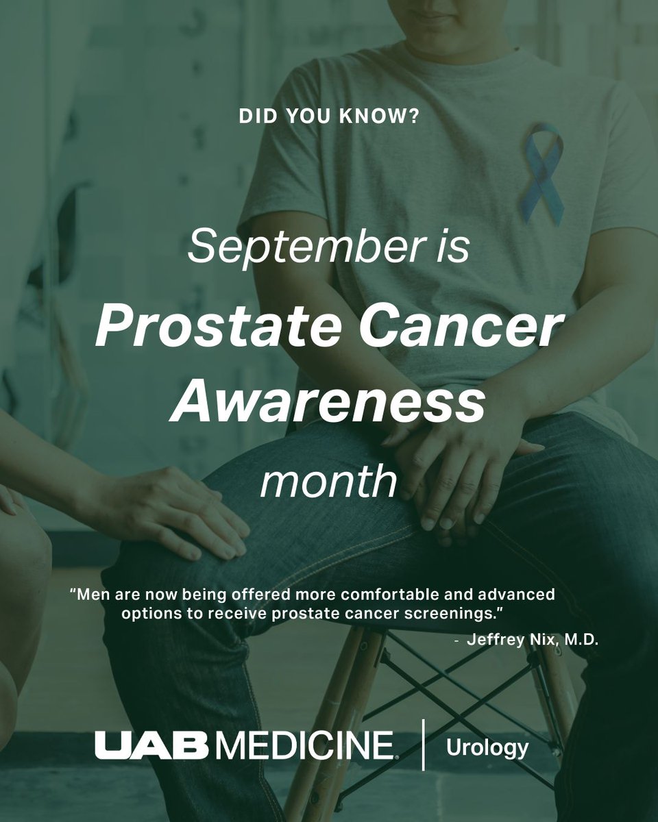 UABUrology's tweet photo. September is Prostate Cancer Awareness Month.

Prostate cancer remains one of the most commonly diagnosed cancers among men, and screening has changed considerably in recent years. https://t.co/U1mWpMMeX2