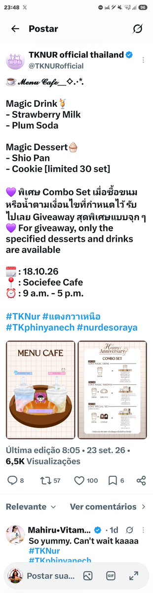 tknurvibes's tweet photo. 💜 TKNUR CAFÉ — 18/10/2026 ☕✨

O Fc Tknur Official TH Confirmou que as garotas Tk e Nur estarão no evento! 🙏

A TKNUR Official Thailand anunciou um Menu Café especial de TKNUR no Societee Cafe, no dia 18 de outubro, das 9h às 17h.

🍓 Strawberry Milk
🍑 Plum Soda
🥐 Shio Pan
🍪 Cookie — edição limitada a 30 conjuntos

💜 Quem comprar os itens/combo dentro das condições estabelecidas poderá participar de um giveaway especial.

📍 Societee Cafe
📅 18/10/2026
⏰ 9h–17h

#TKNur #TKNurFOREVER 
#Phinyanech #nurdesoya