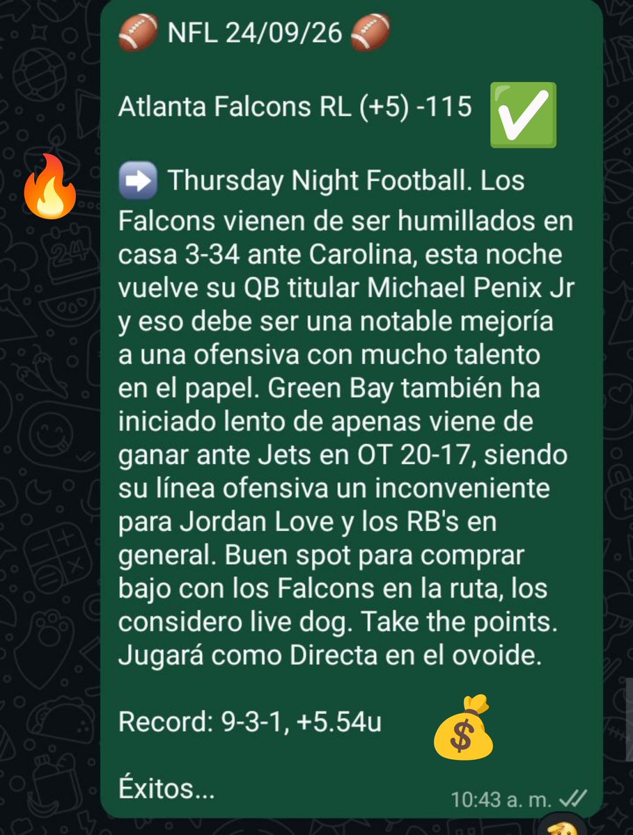BetIcebreaker's tweet photo. #NFL Resumen 24/09/26

🏈 Atlanta Falcons RL (+5) -115 ✅

HUBO Directa ganadora para los afiliados 💰 Los Falcons con upset en Lambeau Field, sin novedad a la causa e iniciamos la Week 3 con verdazo 💪🏻🔥

Asesorate por el +584121493346

#Icebreaker 🔨 https://t.co/p1C2vLY4tu