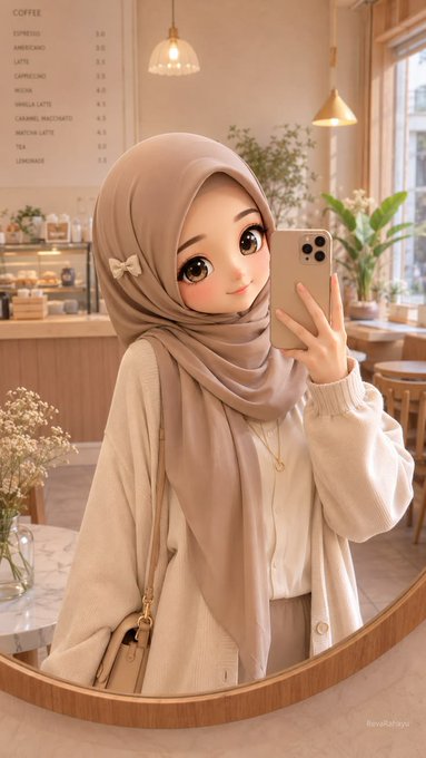 A stylized illustration of a young woman wearing a beige hijab and cream cardigan takes a mirror selfie in a coffee shop, with a 'COFFEE' menu on the wall.