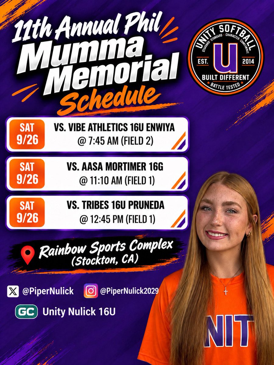 PiperNulick's tweet photo. My schedule for this weekends Phil Mumma Tournament. @UnityNulick2028 @buchanan_sb  @ExtraInningSB  @DiamondAddicts @ucdavissoftball @UCSDsoftball @UCSBSoftball @UCRSoftball @SanJoseStateSB @LBSUSoftball @Fullerton_SB @FresnoStateSB @CalPolySoftball https://t.co/3aOeXCNgDh