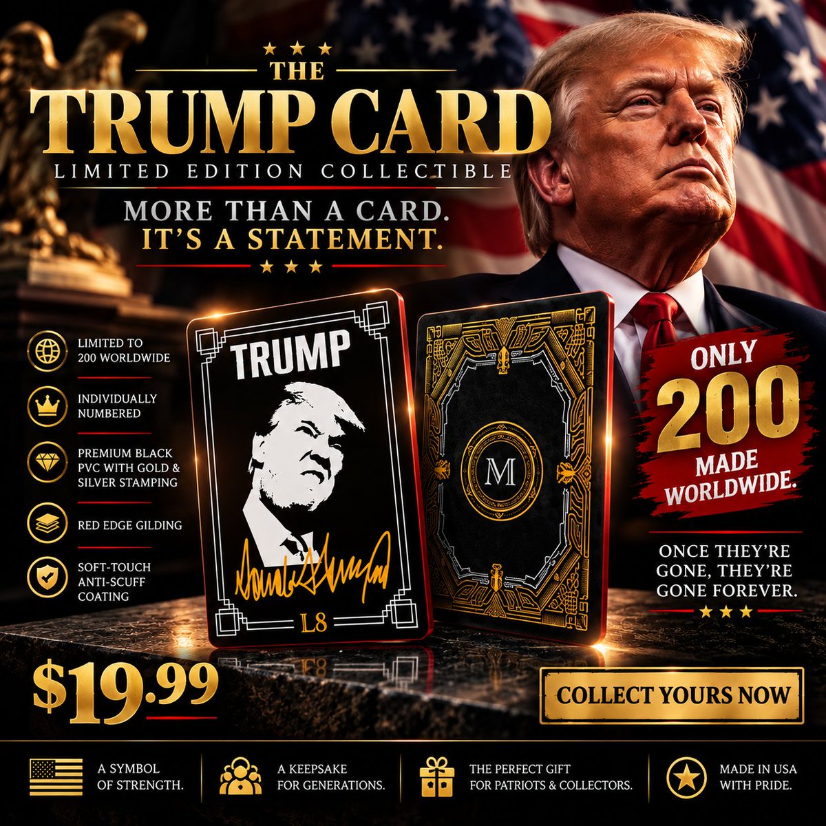 MurdervilleGame's tweet photo. ONLY 100 REMAIN. Individually numbered. Gold &amp; silver stamping, red edge gilding, and a soft-touch anti-scuff coating. Claim yours before someone else does.

#TrumpCard #TrumpCollectible #LimitedEdition #Collectibles #Trump2024 #PatriotGear #Conservative #TrumpMerch #PlayingCards https://t.co/mEIygEKKCV