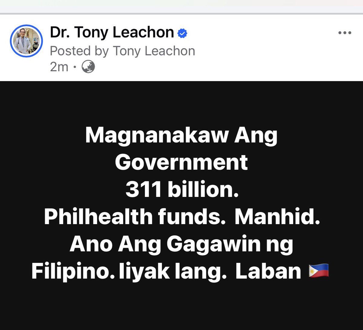 DrTonyLeachon's tweet photo. Selective Justice: A Nation Betrayed
- Dr. Tony Leachon

The government owes ₱311 billion to PhilHealth — stolen, diverted, and unconstitutionally transferred.

This is not just fiscal negligence. It is plunder, an impeachable crime against the people’s right to health.

When leaders fail to pay what is owed to the nation’s health insurer, hospitals suffer, patients go into debt, and families lose hope.

There should be no out‑of‑pocket expenses if the government were honest, competent, and compassionate in funding healthcare.

Instead, funds meant to heal lives were diverted to unprogrammed appropriations, leaving a comatose system gasping for integrity.

Where is justice when the sick are punished for the sins of the powerful?

Accountability is not vengeance — it is restoration.
Every peso stolen from health is a life betrayed.

💬 “Selective justice breeds mistrial. Mistrial breeds mistrust. And mistrust destroys a nation’s soul.”

Tony Leachon