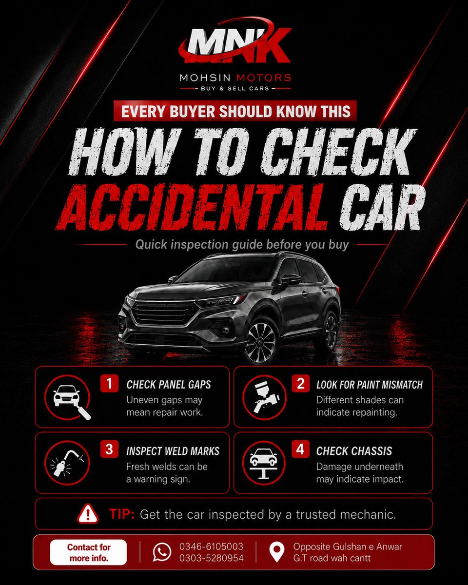 hunterharold258's tweet photo. Before buying a used car, inspect panel gaps, paint differences, weld marks, and the chassis for repair signs. A professional inspection can save you from costly repairs. Inspect and verify before you buy. https://t.co/OO45FNavk7