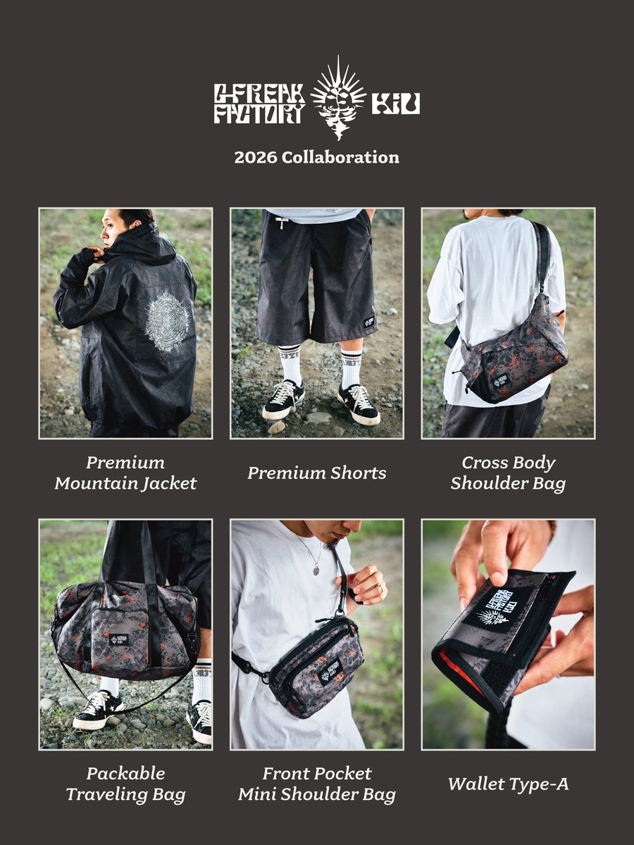 kiu_official's tweet photo. 【 G-FREAK FACTORY × KiU 】  ＼＼ 9月25日(金)12:00販売スタート ／／ 　 群馬を拠点に活動するローカルバンドの最高傑作「G-FREAK FACTORY」。
2027年に迎える30周年目前のコラボレーションコレクション。

メンバーからお墨付きをもらったアイテムを中心に ファンの皆さんの声を加味して一部ブラッシュアップした全6ラインナップ。  ー Items ー ⚪︎プレミアムマウンテンジャケット / ¥15,950 (tax in) ⚪︎プレミアムショーツ / ¥8,800 (tax in) ⚪︎クロスボディショルダーバッグ / ¥6,380 (tax in) ⚪︎パッカブルトラベリングバック / ¥6,380 (tax in) ⚪︎フロントポケットミニショルダーバッグ / ¥3,850 (tax in)
⚪︎ウォレット タイプA / ¥3,080 (tax in)

@G_FREAK_FACTORY 

#GFREAKFACTORY #KiU