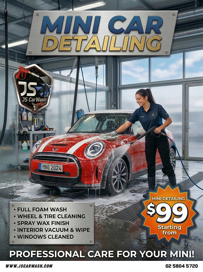 rossanthony0782's tweet photo. MINI DETAILING SALE

Give your MINI the shine it deserves! Special Offer: March 23–27
Full foam wash, wheel &amp; tire cleaning, spray wax, interior vacuum, and clean windows. Starting from just $99 at JS Car Wash. Call 02 5804 5720 https://t.co/sxZEKPnYms
