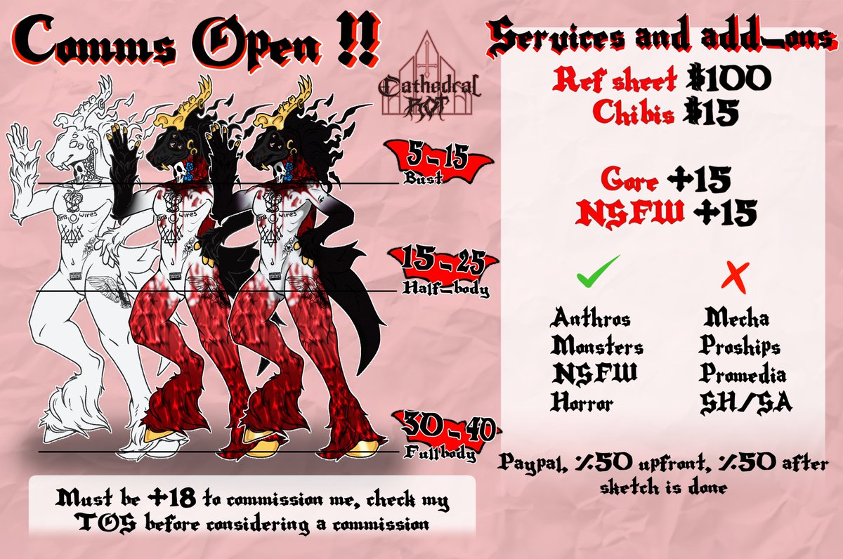 CathedralRot's tweet photo. Updated commission sheet! Any help is immensely appreciated, I'm struggling with health issues and surviving an abusive house, so genuinely I will appreciate any help https://t.co/ZwsCscbfmM