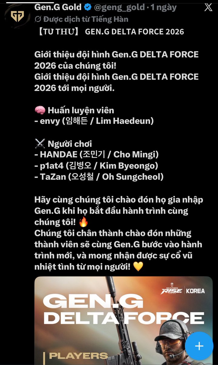 0xxJun's tweet photo. Bên Hàn Quốc, Gen.G cũng bỏ PUBG qua Delta Force rồi anh em 😂

Thấy 2 em GOAT Himass với TanVu qua chơi thì anh em cũng qua theo thôi https://t.co/v1zwI50xKh