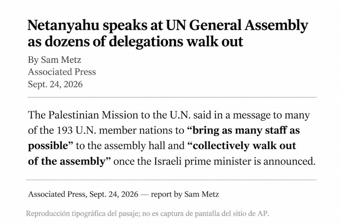 nwlust's tweet photo. To showcase an empty hall, they first had to accomplish something harder: fill it.

AP documented that the Palestinian Mission asked delegations to bring “as many staff as possible” and then “collectively walk out of the Assembly” when Netanyahu was announced.

First fill it. Then empty it. Staging sends a message too.