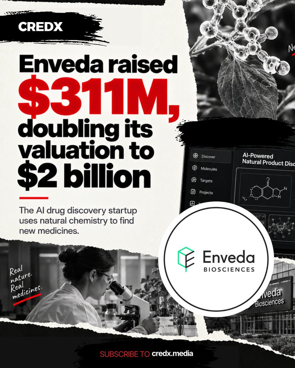 credx_media's tweet photo. Enveda Biosciences raised $311M Series E, led by Catalio Capital Management, doubling its valuation to roughly $2B and bringing total funding since inception past $845M.
Comment #Enveda and we'll send you the full CREDX breakdown.
#Biotech #AIStartups #VentureCapital https://t.co/5CtbbQCiBT