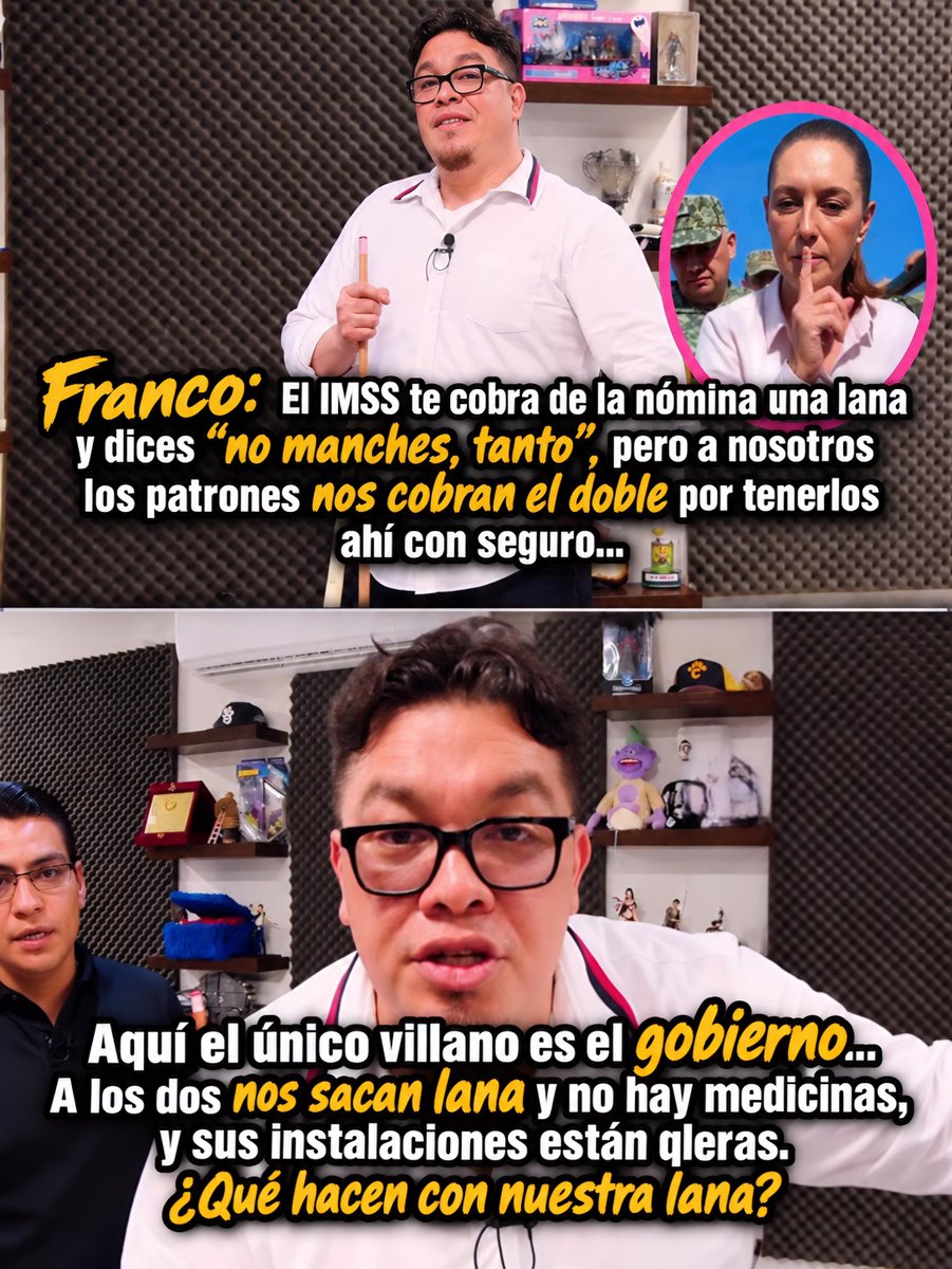 BorrachosVIP's tweet photo. FRANCO ESCAMILLA CUESTIONA AL IMSS 🇲🇽

Franco Escamilla lanzó fuertes críticas contra el IMSS y cuestionó el discurso de que el sistema de salud mexicano llegaría a ser incluso mejor que el de Dinamarca. 🇩🇰

Durante su comentario, el comediante habló sobre las aportaciones que realizan trabajadores y patrones, y cuestionó el destino de esos recursos ante las carencias que, señaló, existen en el sistema de salud.

Su reflexión terminó poniendo sobre la mesa una pregunta directa:

“¿A dónde va nuestro dinero? ¿Quién se lo queda?”