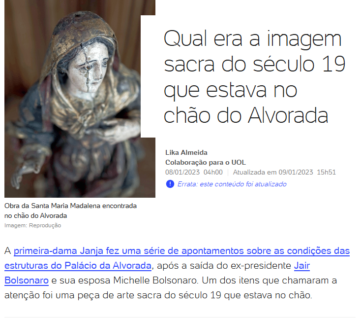 MulherTamarindo's tweet photo. Esse é um bom momento pra relembrar quando teve uma reportagem mostrando o que os Bolsonaros fizeram com o acervo brasileiro presente no Palácio do Alvorada e como uma imagem de Santa Maria Madalena do Século 19 foi deixada no chão https://t.co/JmPKj4bwAD