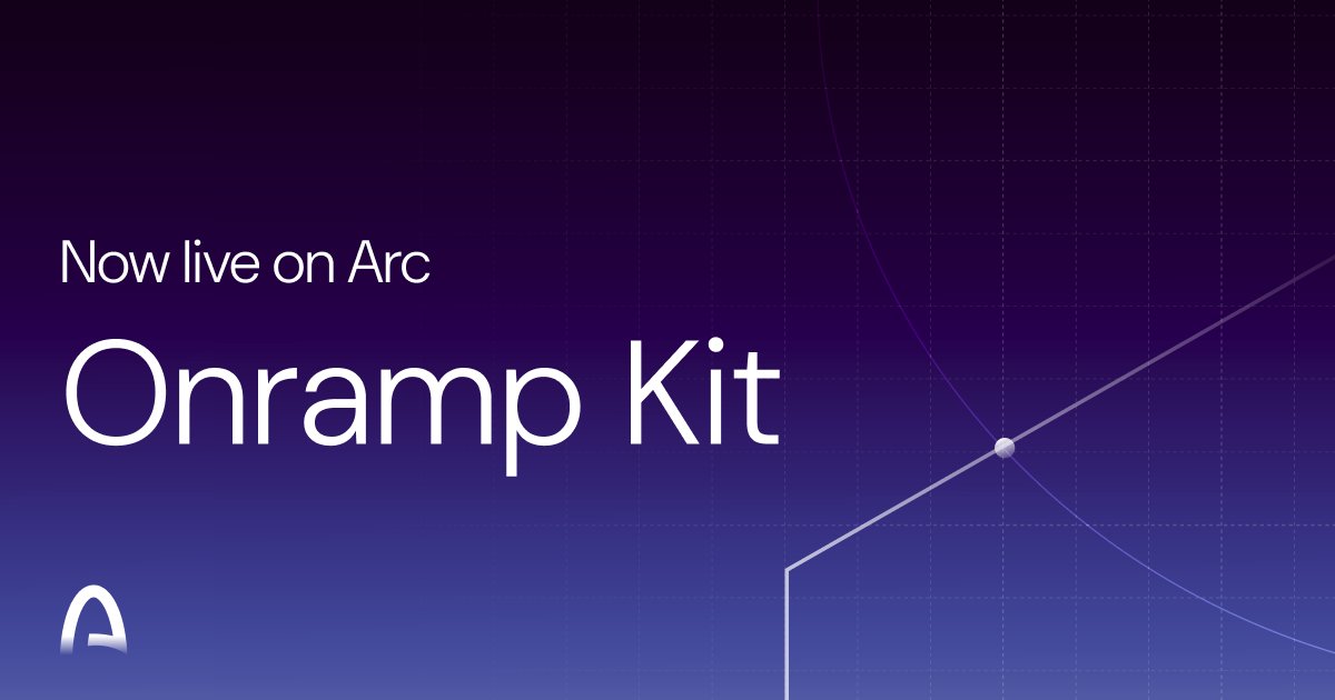 arc's tweet photo. Onramp Kit is now available on Arc Mainnet.

Developers can embed fiat-to-USDC funding flows directly inside their apps.

→ Apple Pay, Google Pay, debit cards, and bank transfers
→ Built-in identity verification flow
→ Clear transaction costs before purchase
→ Pre-built widget for a faster integration

Onramp Kit helps teams reduce first-mile funding friction and bring users into onchain experiences faster: https://t.co/bGxQ61tj77