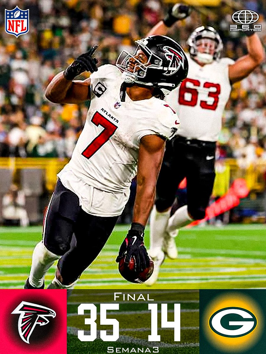 360deportesmx's tweet photo. PALIZA EN EL LAMBEAU!!!

Los Halcones de Atlanta llegaron a Green Bay para aplastar a los Empacadores donde Bijan Robinson fue el Jugador del Partido con 2 TD en 29 acarreos y 194 YDS recorridas.

#ATLvsGB #NFL #TNF https://t.co/3eHqujLfkm