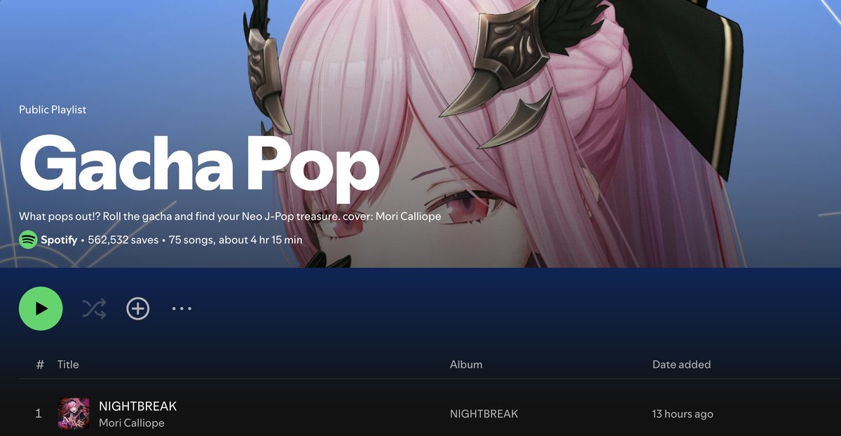 CalliSpotlight's tweet photo. Mori Calliope is also the cover artist for the Gacha Pop playlist on Spotify as well!! Nightbreak once again being used to represent her!
#calliolive #callioP #hololive https://t.co/naVMwBtKlS