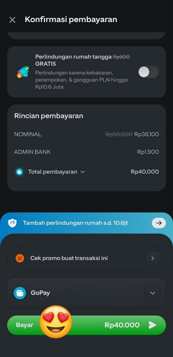 SariKayaxb0e's tweet photo. buat yang token listriknya udah mau habis, aku baru nemu promo di aplikasi gopay. token pln 50rb jadi cukup bayar 40rb aja udah termasuk biaya admin #DISKONPLNDIGOPAY https://t.co/tiO9sqRTTo