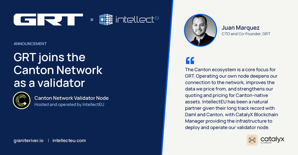 Granite_River's tweet photo. Excited to share that GRT is joining the @CantonNetwork as a validator.

Canton is a core focus for us, and running our own node is a long-term commitment to the ecosystem. Thanks to @catalyx_suite by @IntellectEU for the infrastructure to deploy and operate our validator node. https://t.co/yCBxu65wtX