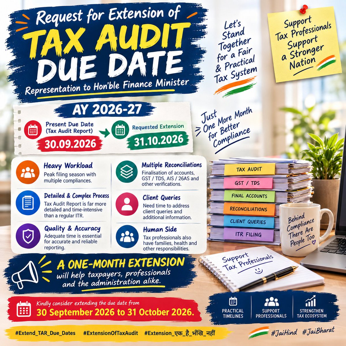 ajayaj11144's tweet photo. All members should post today for Tax Audit Due Date Extension up to 31.10.2026. 🙏
#ExtendTaxAuditDueDate
#ExtendTaxAuditDate

We have to fight our own battle💪
🇮🇳 #JaiHind #JaiBharat 🇮🇳 

@IncomeTaxIndia @nsitharamanoffc @nsitharamanoffc  @FinMinIndia
@PMOIndia https://t.co/LNFsbmBFJF