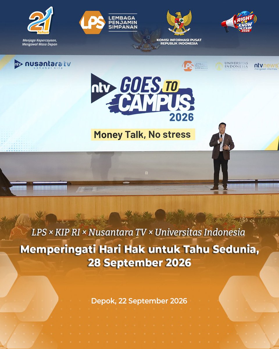 lps_idic's tweet photo. Dalam rangka memperingati Hari Hak untuk Tahu Sedunia yang diperingati setiap tanggal 28 September, LPS bersama KIP RI berkolaborasi bersama Nusantara TV dan Universitas Indonesia menghadirkan kegiatan literasi keuangan dan keterbukaan informasi bagi sekitar 800 mahasiswa Universitas Indonesia.