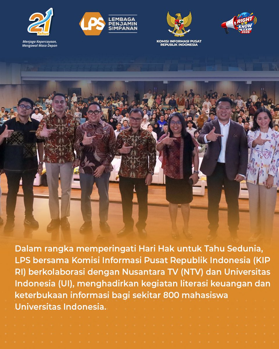 lps_idic's tweet photo. Dalam rangka memperingati Hari Hak untuk Tahu Sedunia yang diperingati setiap tanggal 28 September, LPS bersama KIP RI berkolaborasi bersama Nusantara TV dan Universitas Indonesia menghadirkan kegiatan literasi keuangan dan keterbukaan informasi bagi sekitar 800 mahasiswa Universitas Indonesia.