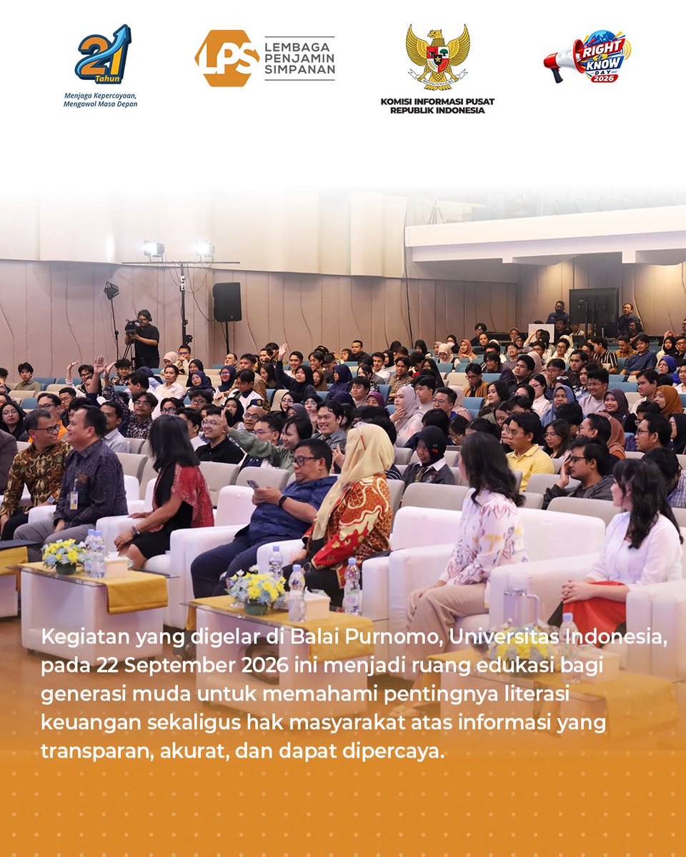 lps_idic's tweet photo. Dalam rangka memperingati Hari Hak untuk Tahu Sedunia yang diperingati setiap tanggal 28 September, LPS bersama KIP RI berkolaborasi bersama Nusantara TV dan Universitas Indonesia menghadirkan kegiatan literasi keuangan dan keterbukaan informasi bagi sekitar 800 mahasiswa Universitas Indonesia.