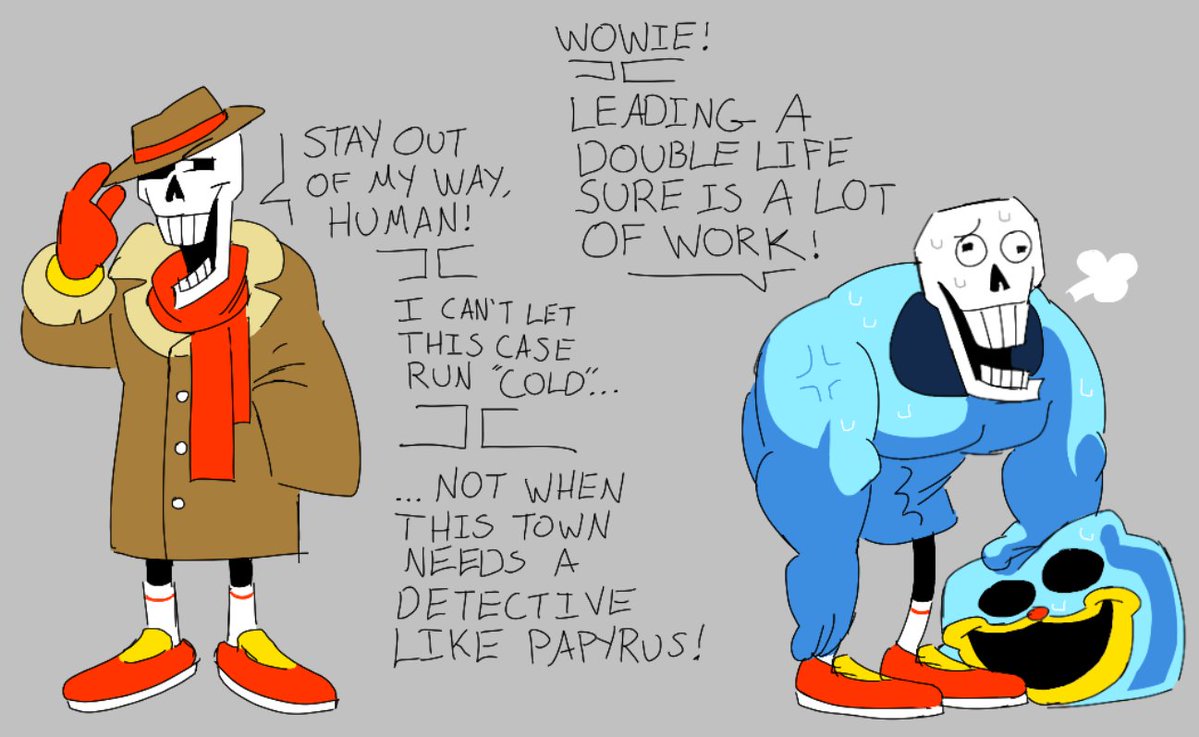 fl0pd00dle's tweet photo. Papyrus chapter 6 headcanon idea lolol

Secret boss material incoming!!!

(also papyrus trying to hide his detective stuff from sans while investigating the Holiday house sounds rlly funny) https://t.co/QFOLrcRUoe