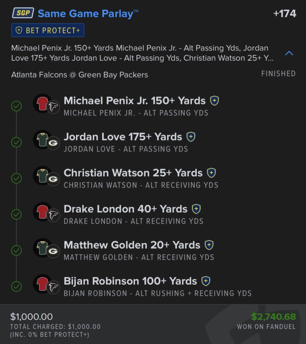 nazeaster's tweet photo. $1,500 to someone that simply likes this tweet ❤️ 
we just swept the nfl board 6-0 ✅

Love 175+ yds ✅
Penix 150+ yds ✅
Golden 20+ yds ✅
Watson 25+ yds ✅
London 40+ yds ✅
Robinson 100+ yds ✅

VIP $5:  https://t.co/E3fgjkYJjo https://t.co/1INZ9G1B8s