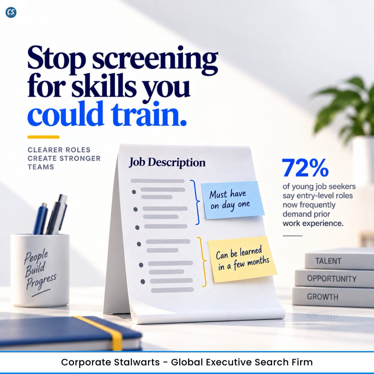 CStalwarts's tweet photo. Every open role has two kinds of requirements.

Getting this right isn't about lowering standards.
.
.
.
.
#CorporateStalwarts #ExecutiveSearch #TalentStrategy #CampusHiring #HiringTrends https://t.co/PWUAbRApDB