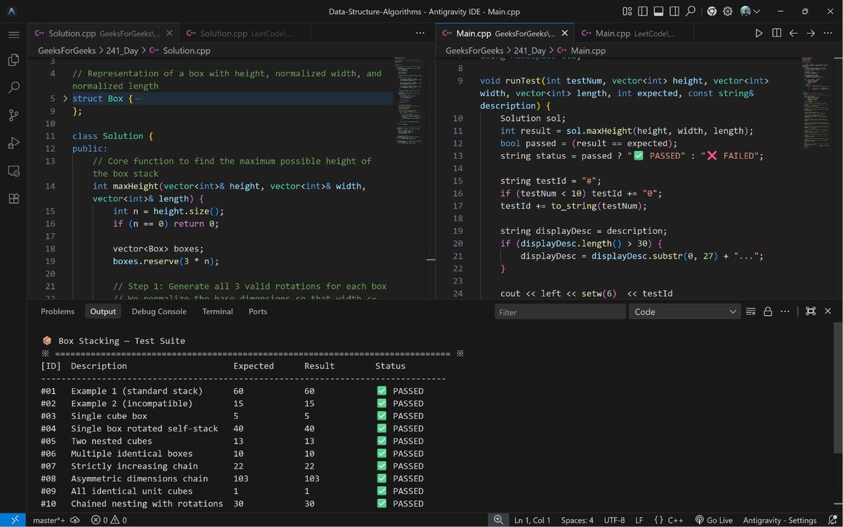 PankajB42550's tweet photo. 🚀 #Day 241/100 – Box Stacking (@geeksforgeeks)
💡Key: 3 rotations per box → normalize base (w≤l) → sort by area ↓ → Weighted LIS DP. Strictly smaller base to stack.
⌛O(n²) | O(n)
Consistency > Intensity. Keep pushing! 💪
#100DaysOfCode #DSA #DP #LIS #Sorting #DAY241 https://t.co/nmUbXbMh66