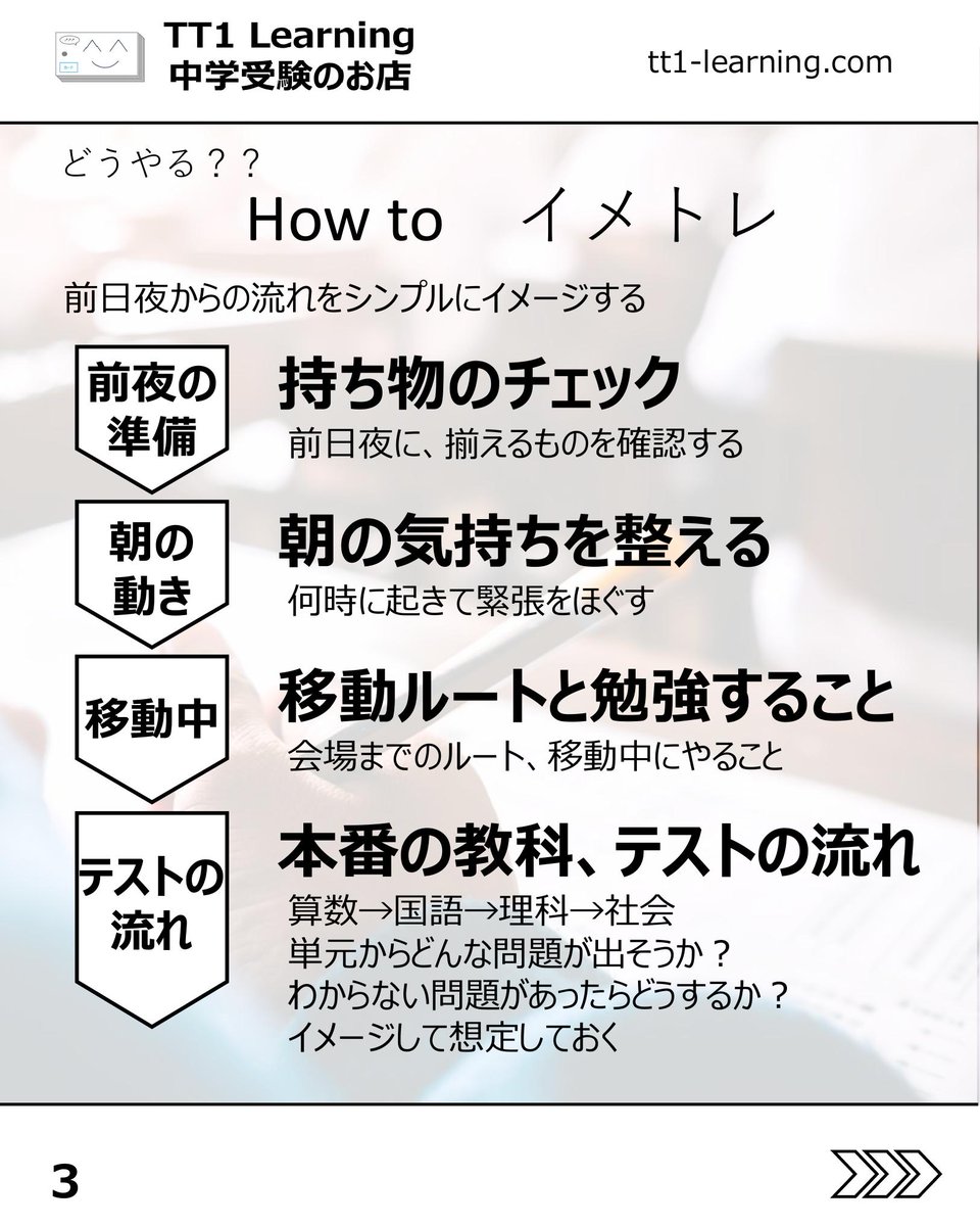 tt1Learning's tweet photo. 今日は「組分けテストに向けた戦略」についてです。

組分けテストが近づくと、何をどこまでやればよいのか迷いますよね。
そんな時に取り入れたいのが、イメージトレーニングです。

人は、一度経験したことを繰り返すとき、パフォーマンスが上がりやすいと言われます。
本番前に当日の流れを具体的に思い描いておくことが、当日の落ち着きにつながります。

【前日夜からの流れ】
✓ 持ち物は前日夜のうちにそろえ、準備を済ませる
✓ 何時に起きるか、朝をどう過ごすかをイメージする
✓ 会場までのルートや、移動中に何を見るかも決めておく
✓ 前日夜から当日朝までの流れを、シンプルに頭の中でたどる

【テストの流れ】
✓ 算数、国語、理科、社会の順番で本番を思い浮かべる
✓ どんな問題が出そうか、単元ごとに軽く予想する
✓ わからない問題が出た時にどうするかも、先に考えておく

【教科別の作戦】
✓ 算数は、必ず取りたい問題、時間をかける問題、見送る問題を分ける
✓ 国語は、時間配分と記述に使う時間まで考える
✓ 理科と社会は、得意不得意、計算、漢字、基礎用語を確認する

最後はメンタルも大切です。
全部をやり切ろうとするより、「ここまではやる」と決めて本番に入る方が、力を出しやすくなります。
あとで見返せるように、保存しておくのもおすすめです。

@tt1learning では、中学受験を伴走するご家族に寄り添う情報発信をしています。
また、日々の学習や塾のテスト対策として、単元に連動したオリジナルの暗記カードを制作・販売しています。少しでも日々の負担を減らし、効率よく定着できるよう工夫を凝らしたカードです。

購入はこちら👉 https://t.co/ny076fhG97

#中学受験 #中学受験2027 #中学受験2028 #中学受験2029 #組分けテスト