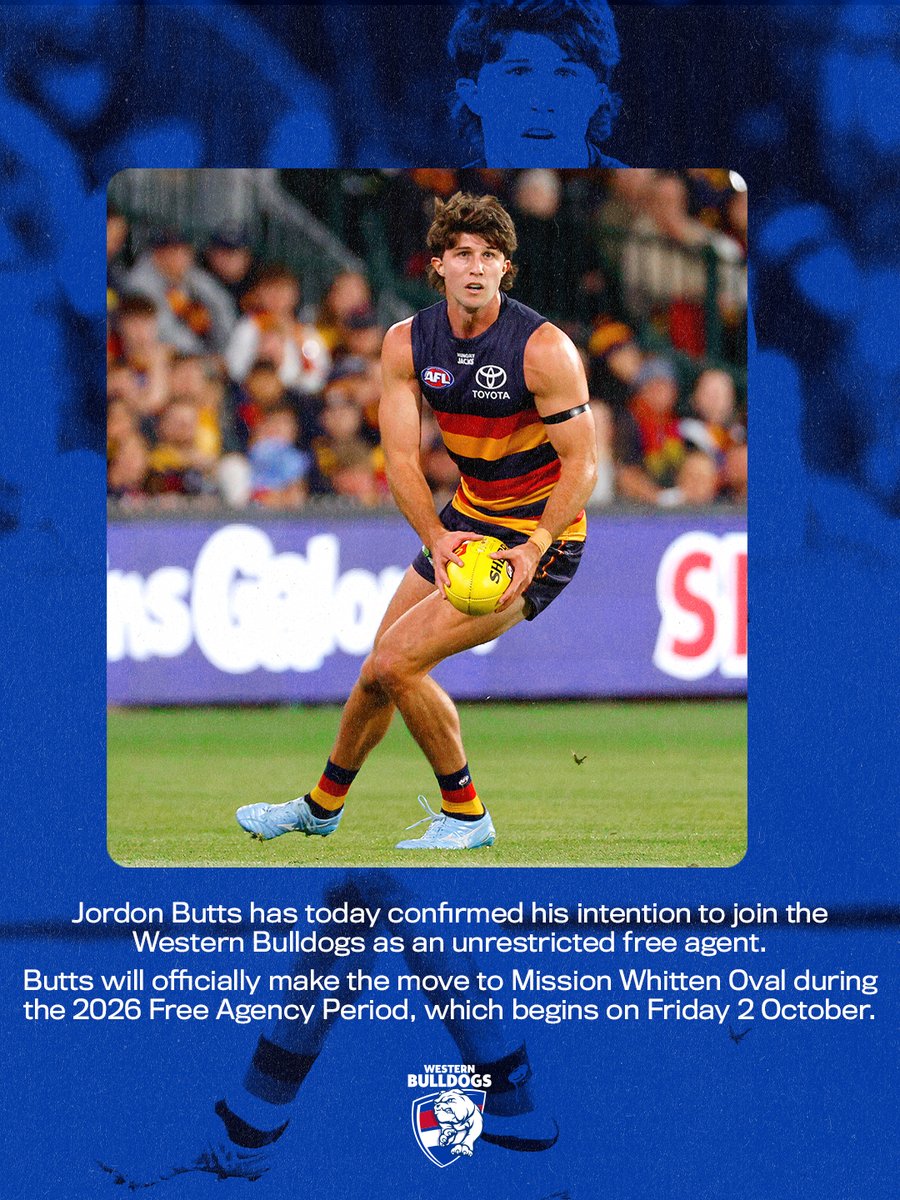 westernbulldogs's tweet photo. Jordon Butts has today confirmed his intention to join the Western Bulldogs as an unrestricted free agent.

Butts will officially make the move to Mission Whitten Oval during the 2026 Free Agency Period, which begins on Friday 2 October.

📝 Read more: https://t.co/uh3IWy3lfU https://t.co/FxuTsINOIw