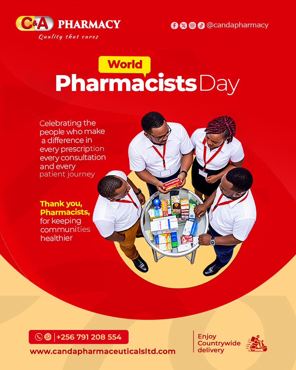 CandAPharmacy's tweet photo. 💊❤️ Today we celebrate the pharmacists who make a difference in every prescription, consultation and patient journey.
Happy World Pharmacists Day! 👏🏾✨
📞 0791 208 554
#WorldPharmacistsDay #Pharmacists #CAndAPharmacy #QualityThatCares https://t.co/x0GmGR1ZBn