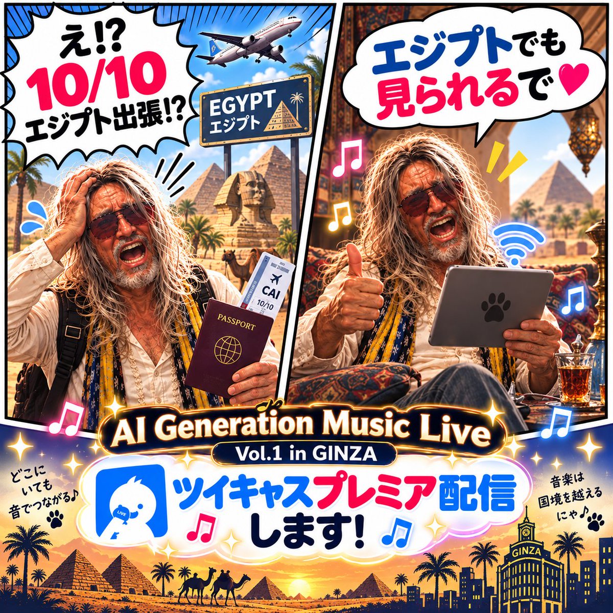 AGML_official's tweet photo. 【会場に来られない方はツイキャスで!】
AI Generation Music Live vol.1 in GINZAはツイキャス配信もいたします!
遠方で東京まで来るのが難しい方、当日どうしても日程が合わない方、エジプト出張の方も、ぜひご利用ください✨
お申込みは下記リンクから! https://t.co/6Bw0Lmshvb
#AMGLive #AIGENERATIONMUSICLIVE
